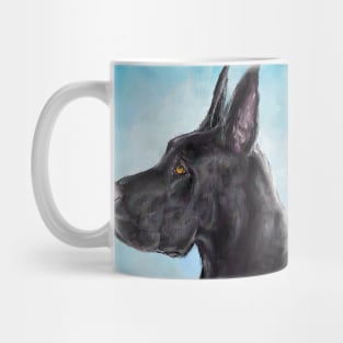 Painting of a Black Great Dane with Light Blue Background Mug